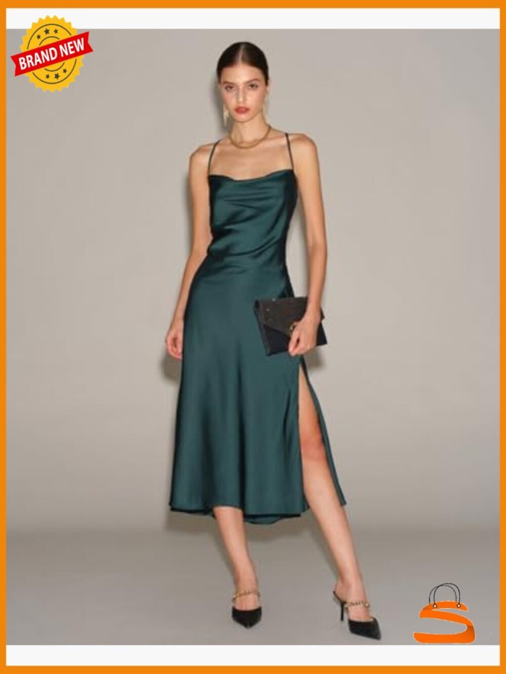 Satin Cowl Neck Midi Dress with Slit - Elegant Formal Guest Dress - Picture 2 of 6